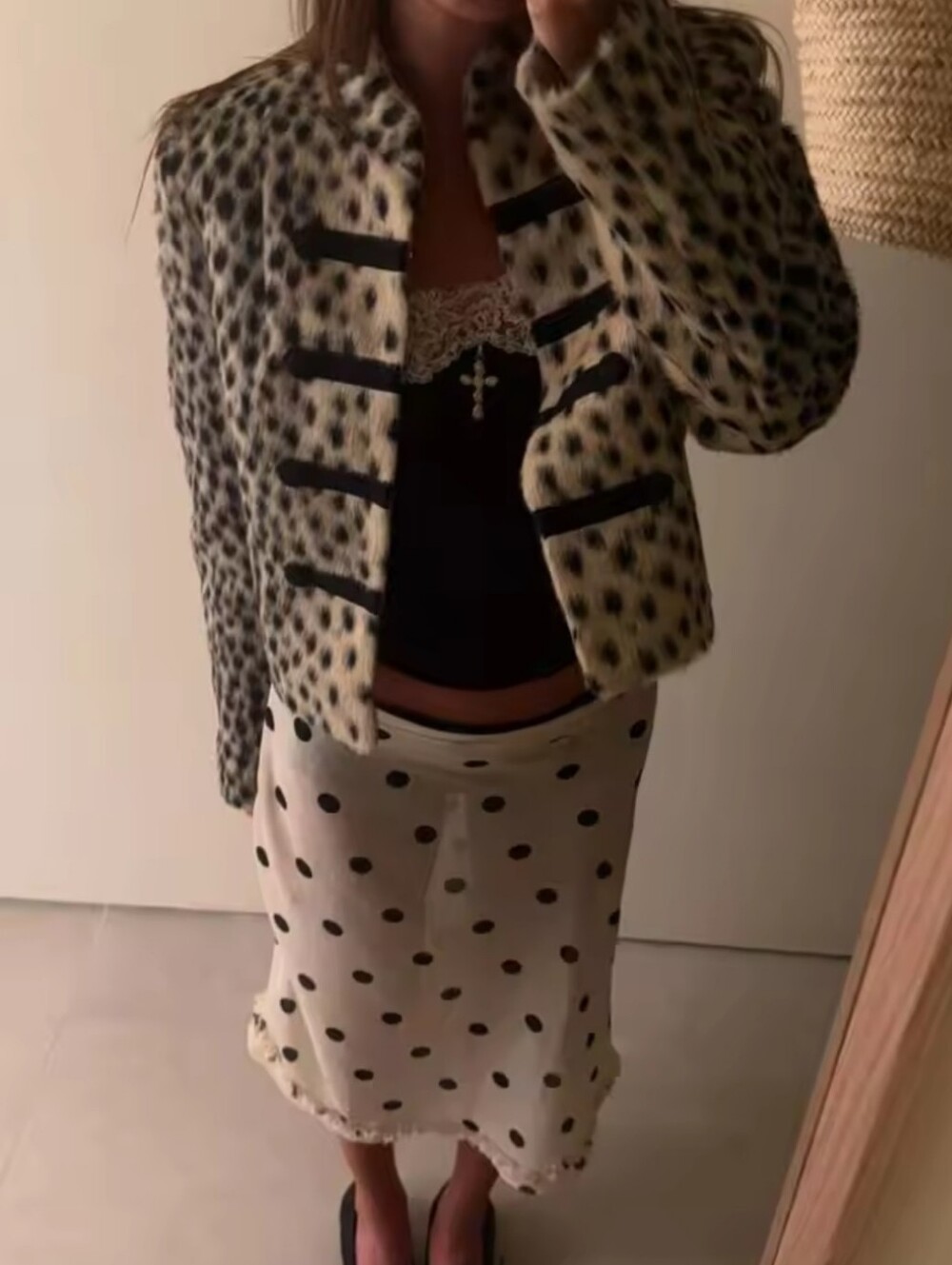 Retro Leopard Faux Fur Cropped Jacket Women Fashion Chinese Frog Button Stand
